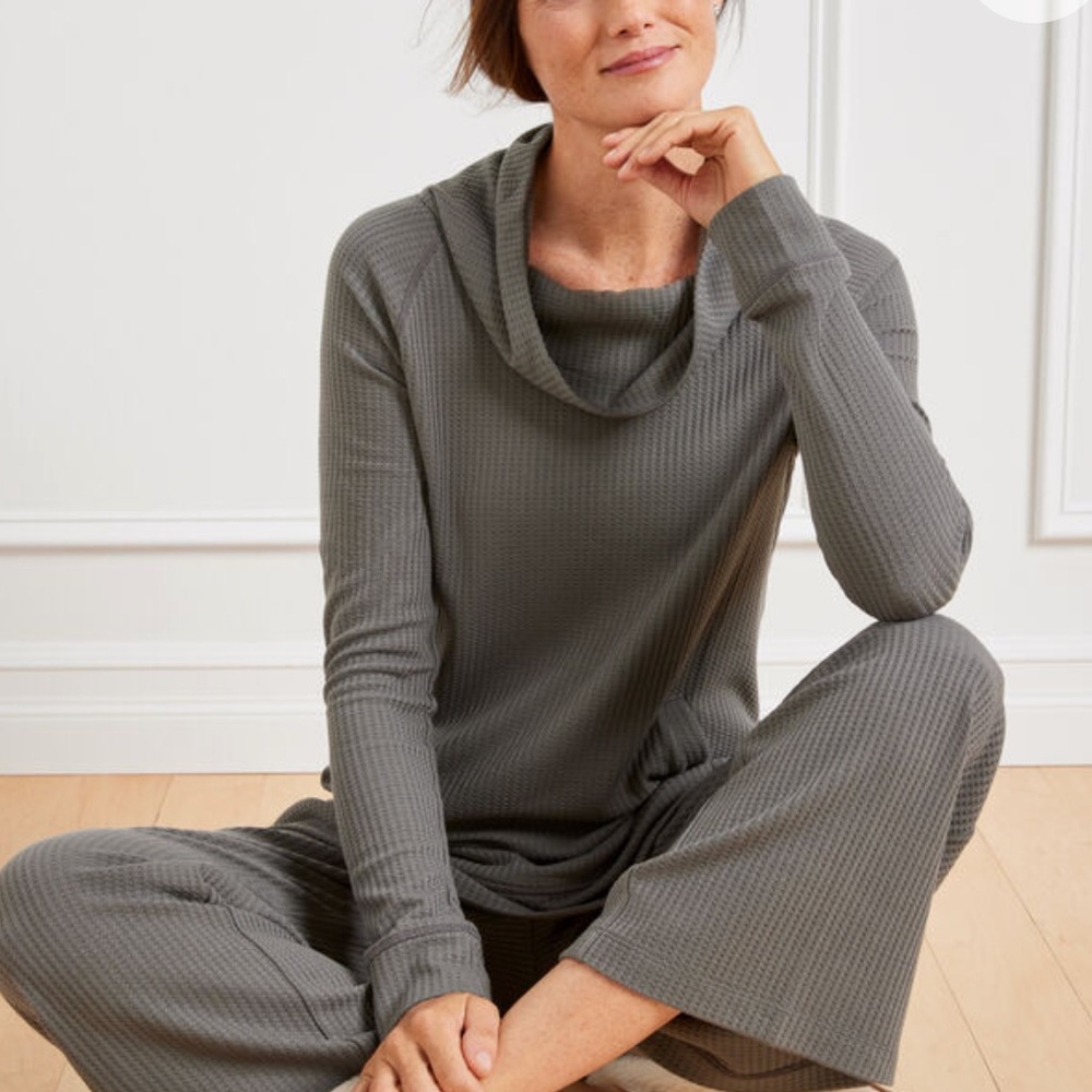 Talbots Gray Cozy Waffle Knit Cowl Neck Long Sleeve Top